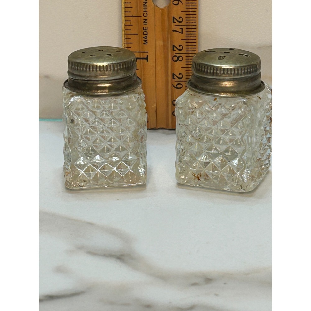 Vintage Diamond Cut Glass Salt and Pepper Shakers Square Mini Metal Lids Set